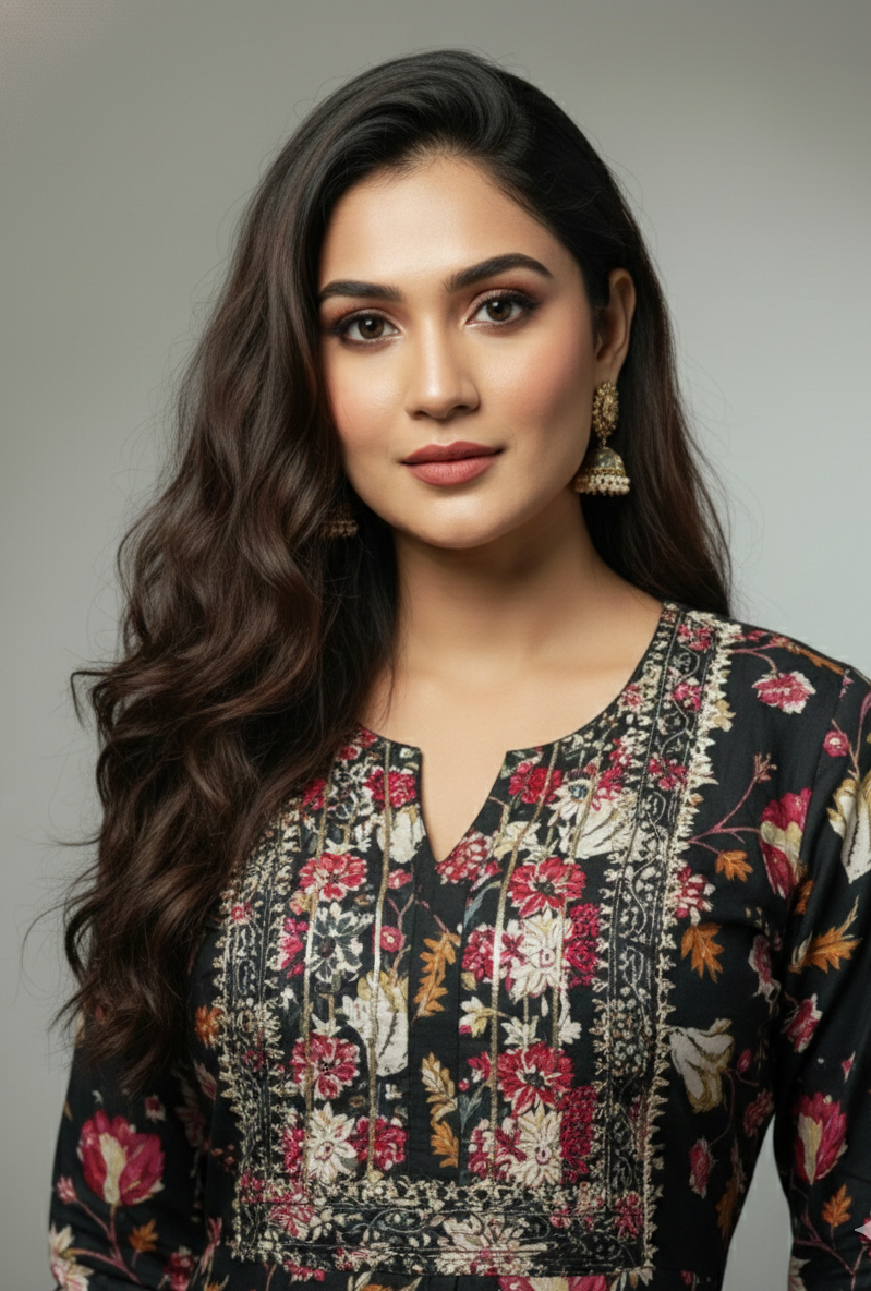 πΈ AJVIE Designer Midnight Bloom Floral Printed Kurta Set with Embroidered Yoke