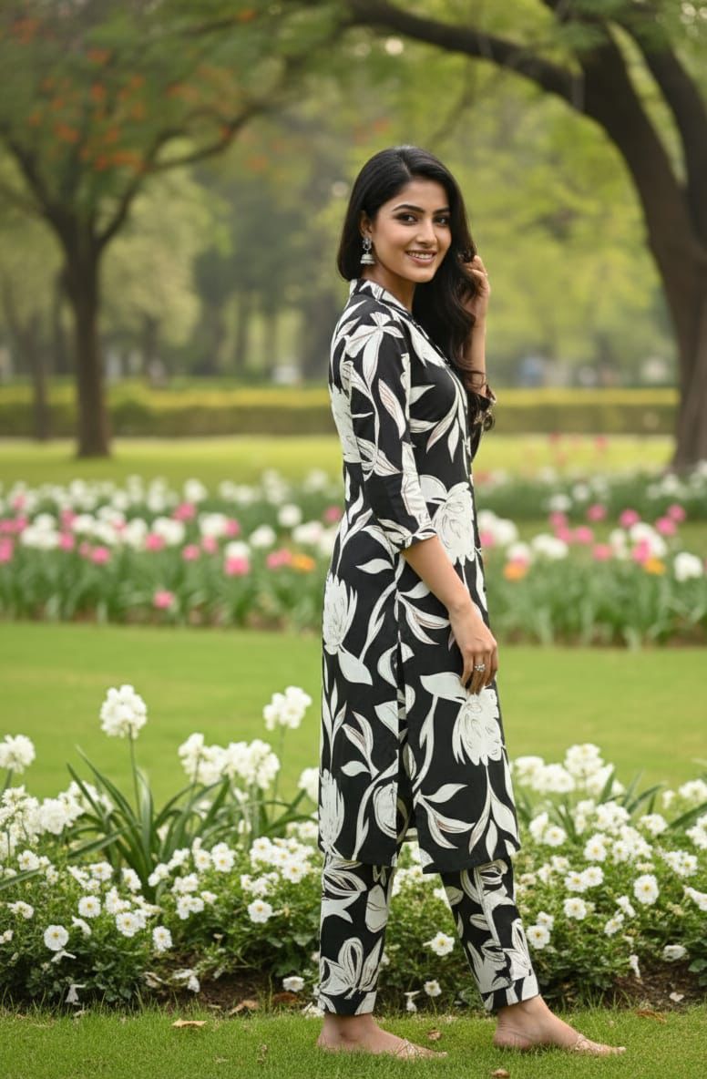 AJVIE Special Pure Cotton Cord Set in Black & White Flower Design