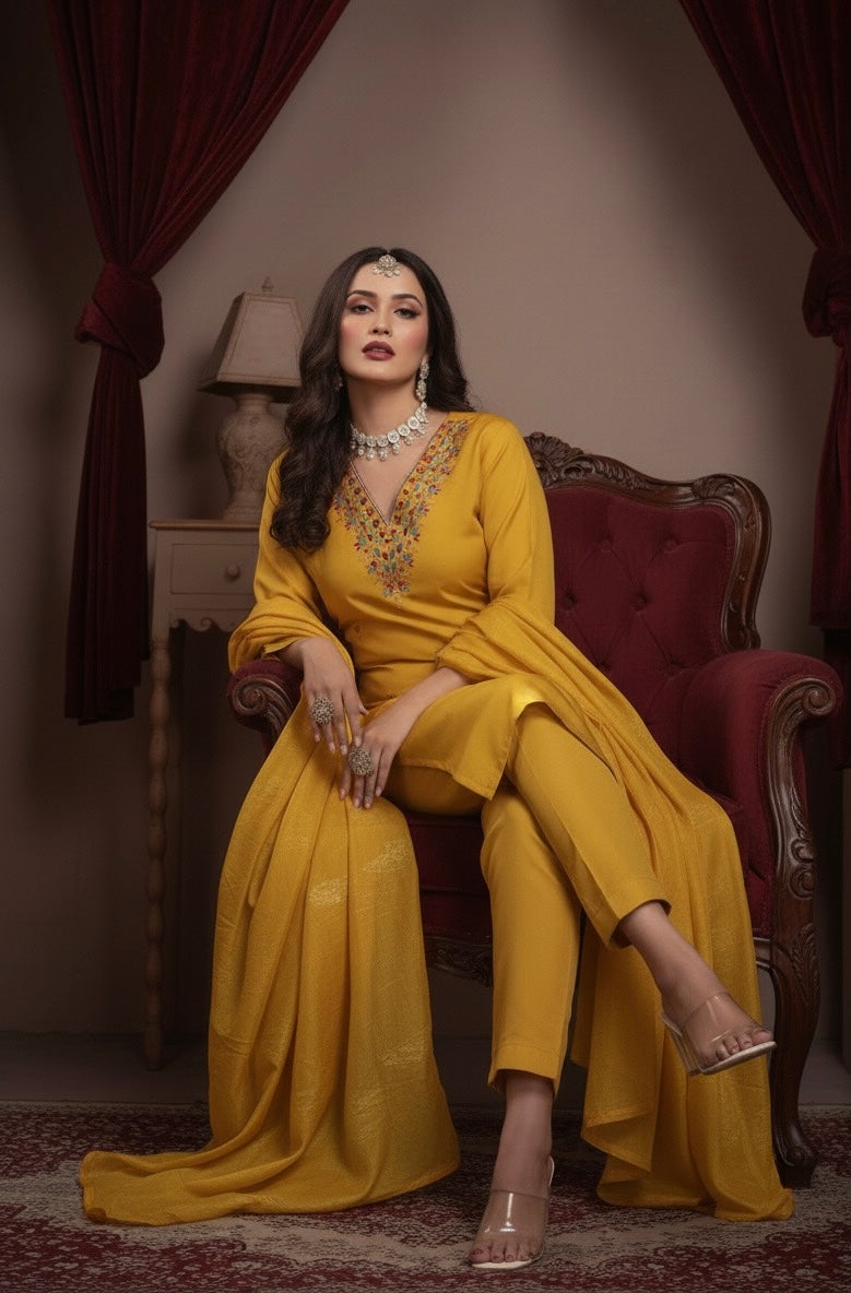 AJVIE Special Roman Silk Fabrics Designer Suit with Dupatta in Yellow, Red, Purple & Peacock Blue colour