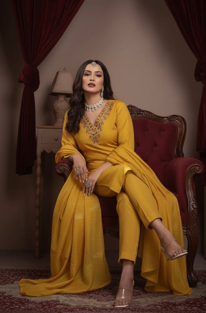 AJVIE Special Roman Silk Fabrics Designer Suit with Dupatta in Yellow, Red, Purple & Peacock Blue colour