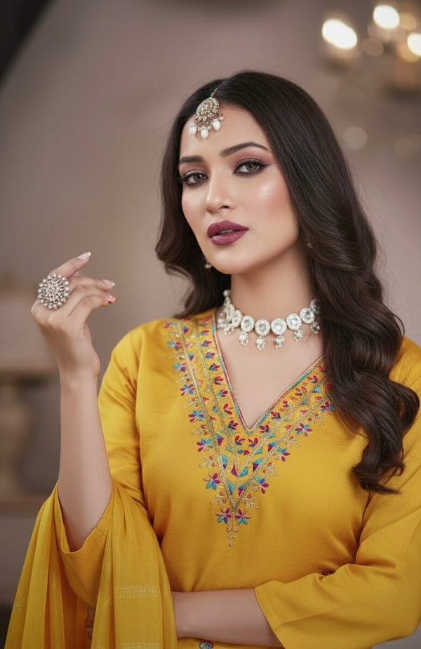 AJVIE Special Roman Silk Fabrics Designer Suit with Dupatta in Yellow, Red, Purple & Peacock Blue colour