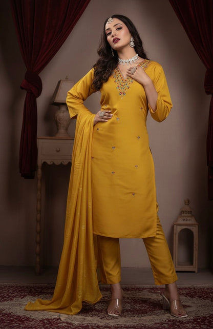 AJVIE Special Roman Silk Fabrics Designer Suit with Dupatta in Yellow, Red, Purple & Peacock Blue colour