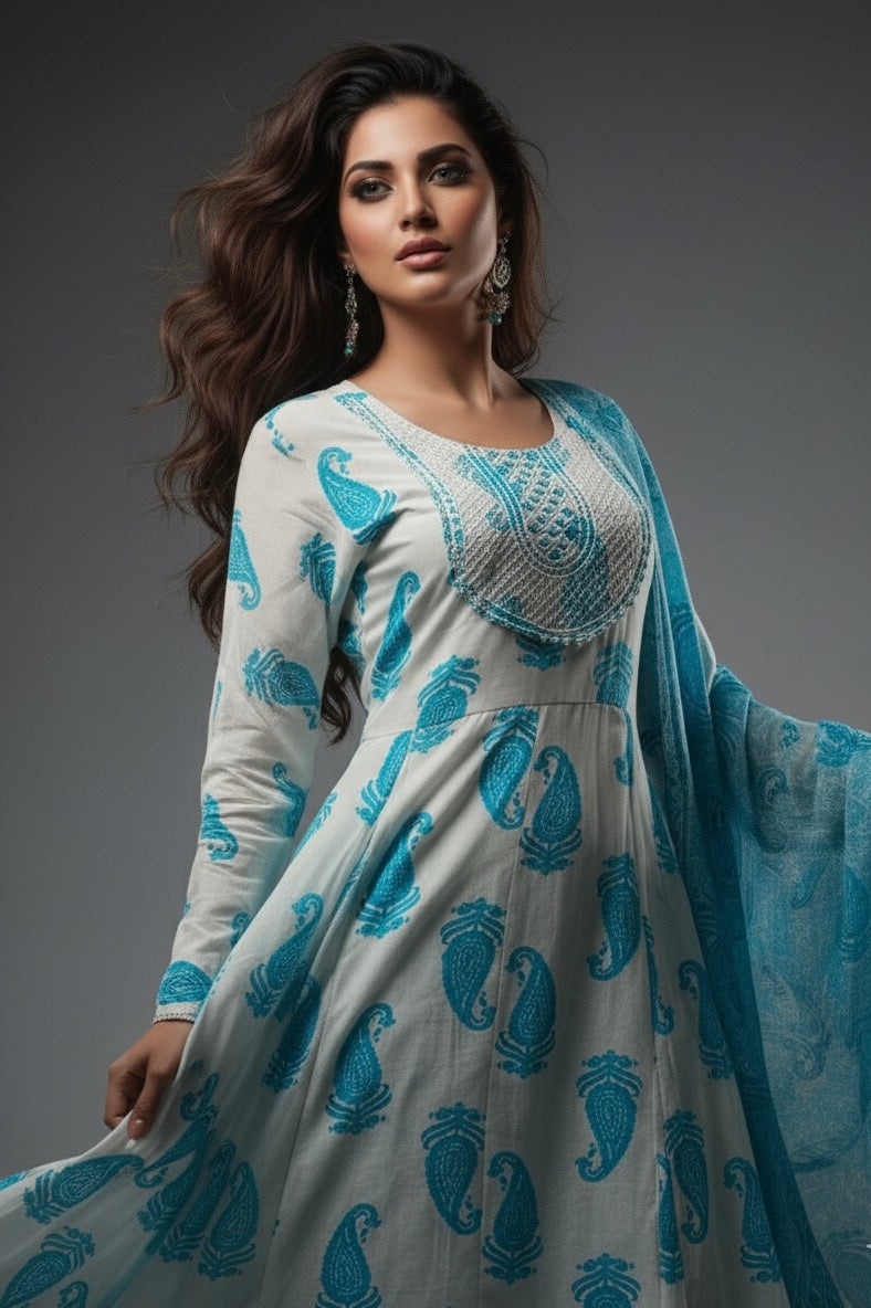 Elegant Sky Blue Paisley Print 100% Pure Cotton 3-Piece Suit | AJVIE Collection