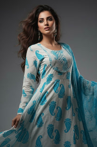 Elegant Sky Blue Paisley Print 100% Pure Cotton 3-Piece Suit | AJVIE Collection
