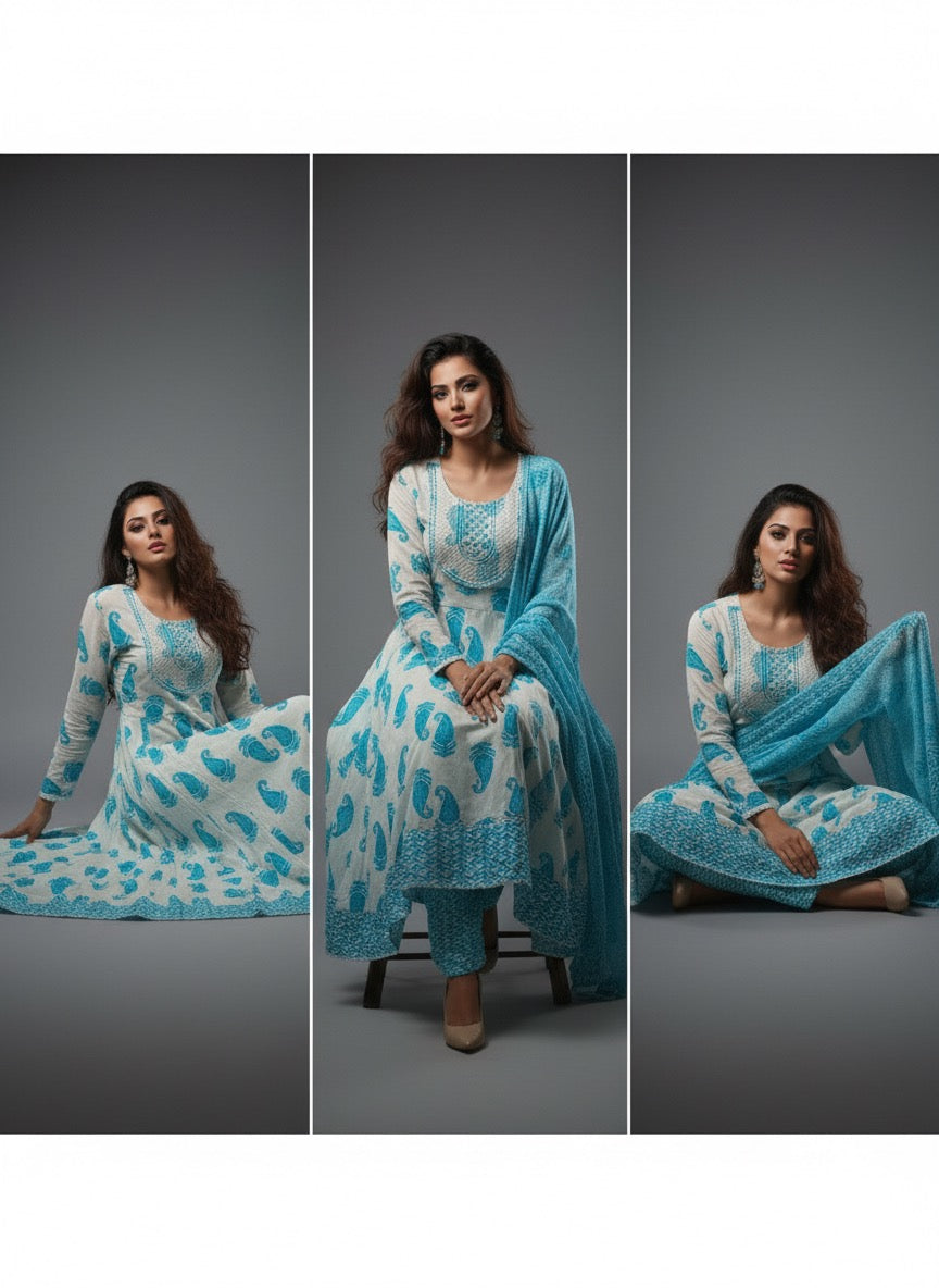 Elegant Sky Blue Paisley Print 100% Pure Cotton 3-Piece Suit | AJVIE Collection