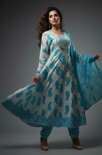 Elegant Sky Blue Paisley Print 100% Pure Cotton 3-Piece Suit | AJVIE Collection