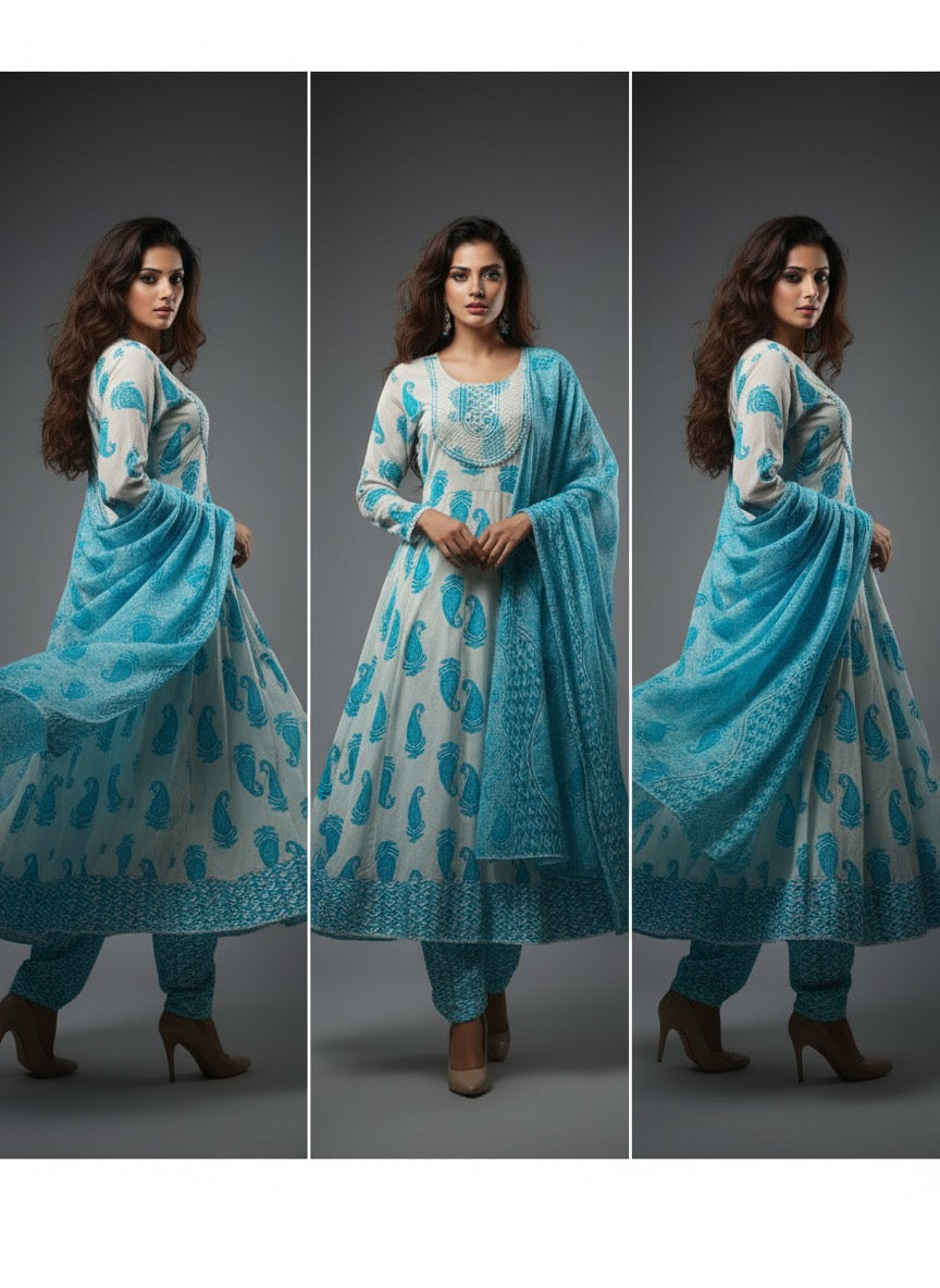 Elegant Sky Blue Paisley Print 100% Pure Cotton 3-Piece Suit | AJVIE Collection