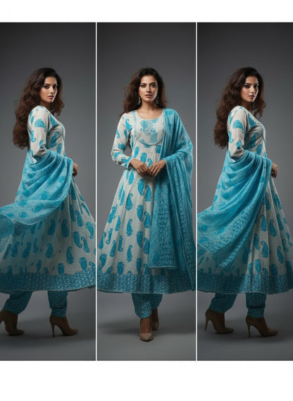 Elegant Sky Blue Paisley Print 100% Pure Cotton 3-Piece Suit | AJVIE Collection