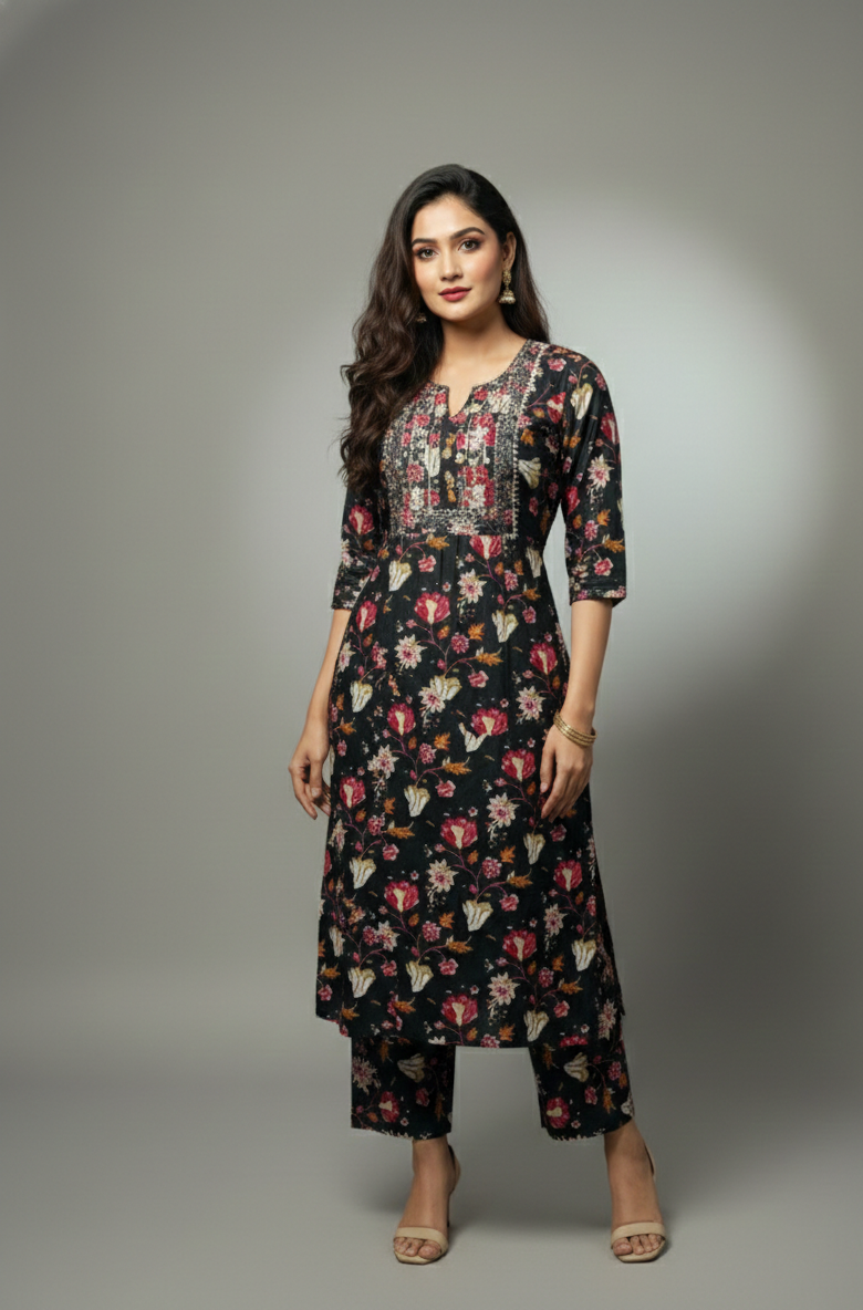 🌸 AJVIE Designer Midnight Bloom Floral Printed Kurta Set with Embroidered Yoke