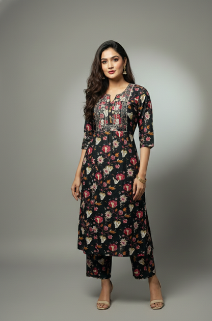 🌸 AJVIE Designer Midnight Bloom Floral Printed Kurta Set with Embroidered Yoke