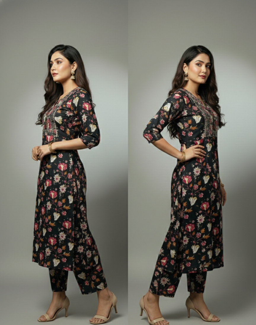 🌸 AJVIE Designer Midnight Bloom Floral Printed Kurta Set with Embroidered Yoke