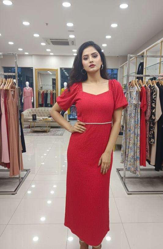 AJVIE Designer Red Textured Long Dress with Puff Sleeves | Elegant Day to Evening Wear