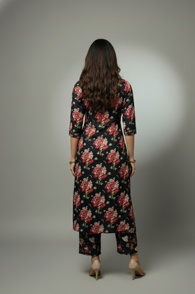🌸 AJVIE Designer Midnight Bloom Floral Printed Kurta Set with Embroidered Yoke