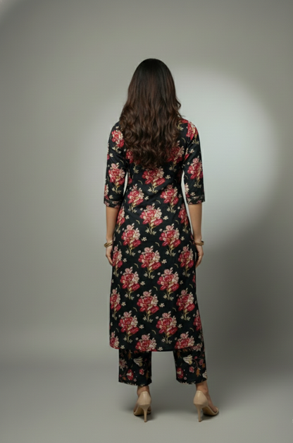 🌸 AJVIE Designer Midnight Bloom Floral Printed Kurta Set with Embroidered Yoke