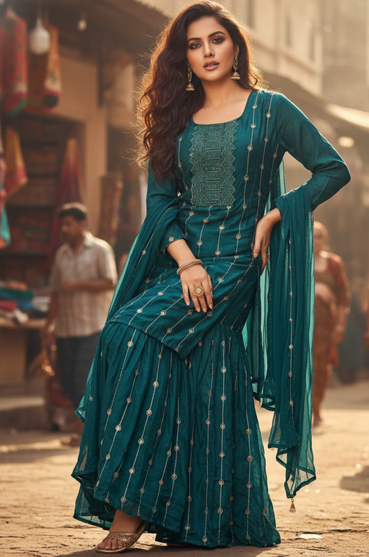 💚💜💙 AJVIE Designer Royal Noor Embroidered Garara Set – 3 Piece Festive Collection with Dupatta