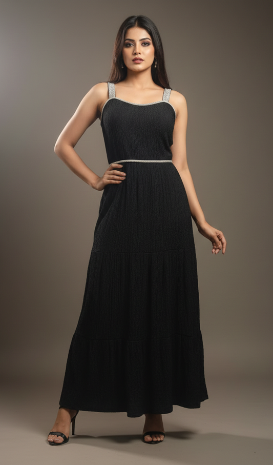 AJVIE Designer Black Sleeveless Maxi Dress with Metallic Strap Detailing | Elegant Evening Wear Gown