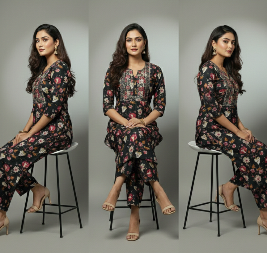 🌸 AJVIE Designer Midnight Bloom Floral Printed Kurta Set with Embroidered Yoke