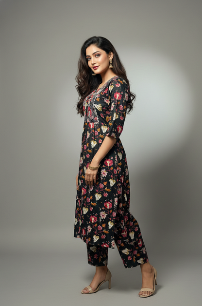 🌸 AJVIE Designer Midnight Bloom Floral Printed Kurta Set with Embroidered Yoke