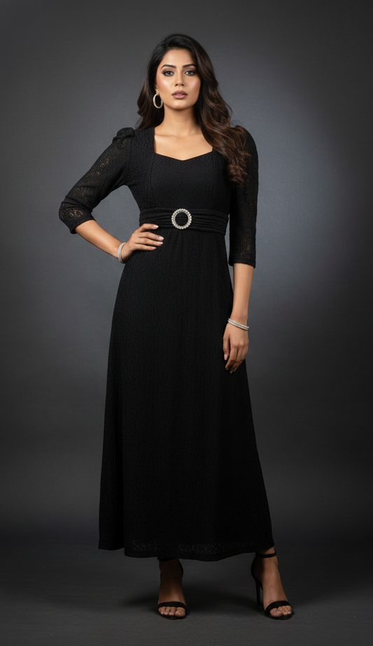 AJVIE Designer Black Embellished Waist One Piece Dress | Elegant Evening & Party Wear Gown