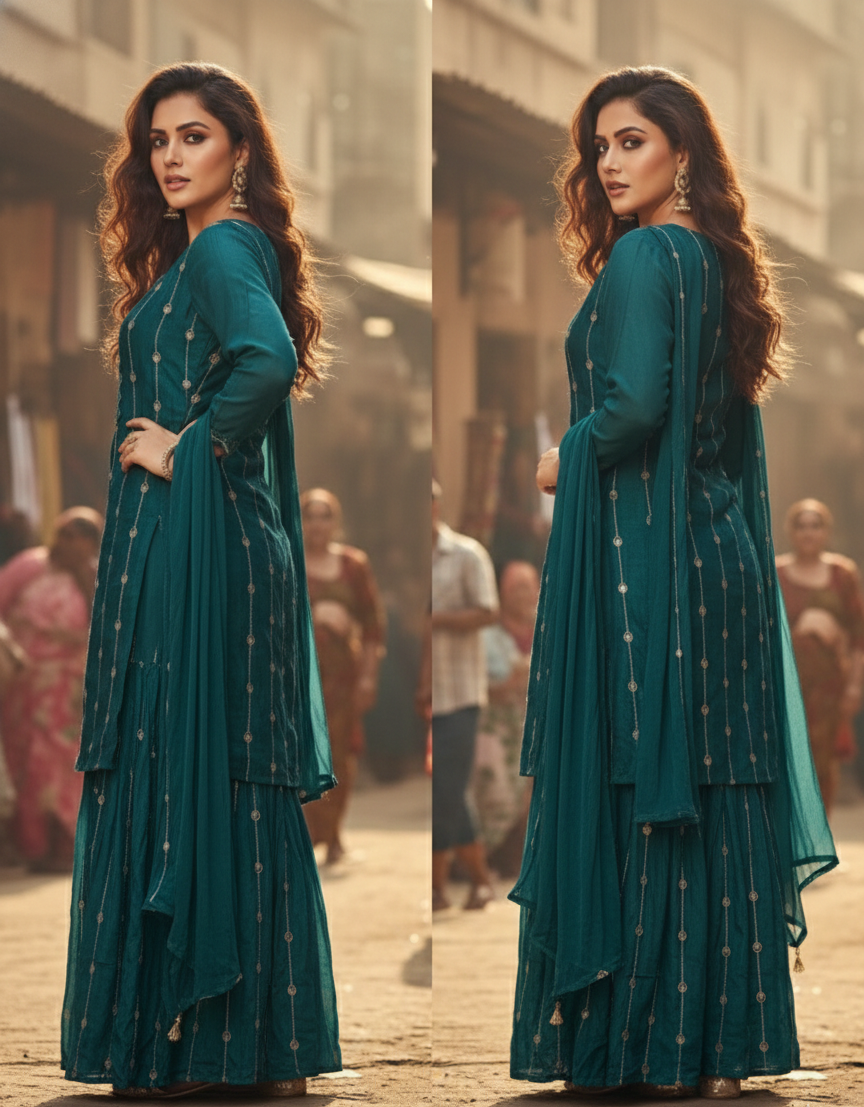 💚💜💙 AJVIE Designer Royal Noor Embroidered Garara Set – 3 Piece Festive Collection with Dupatta