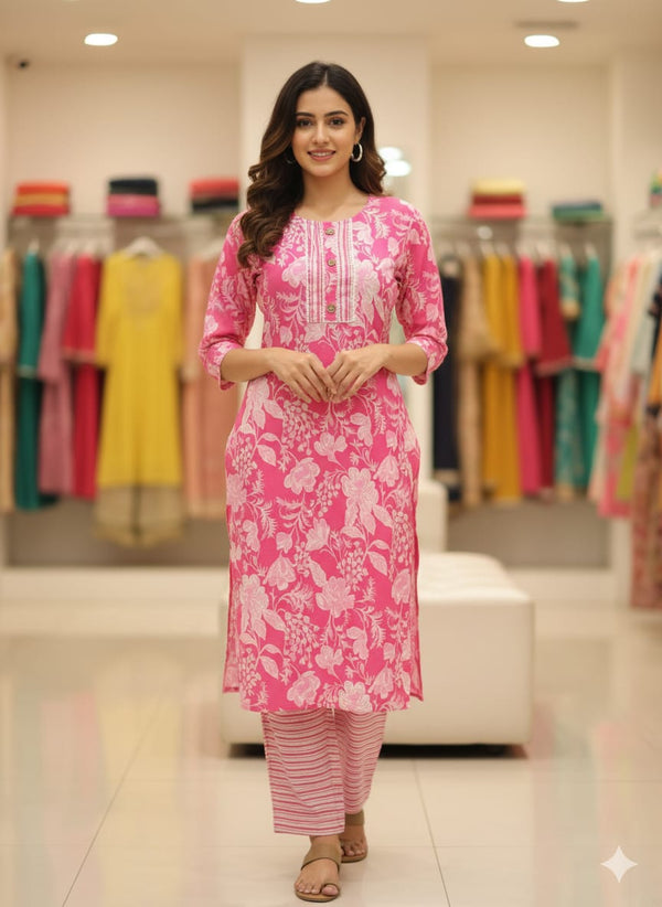 Pure Cotton 2 Piece (Kurtis & Pant) with Pink Color and Flow Design