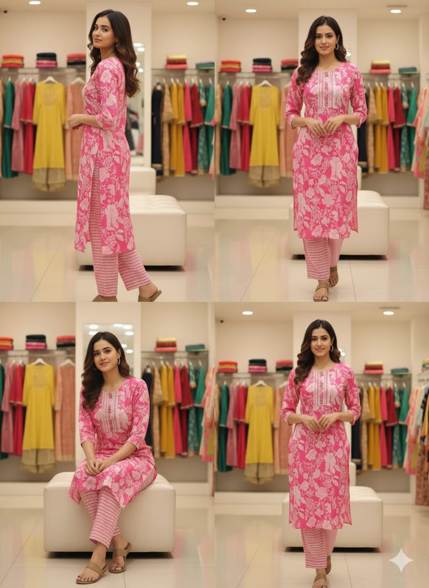 Pure Cotton 2 Piece (Kurtis & Pant) with Pink Color and Flow Design