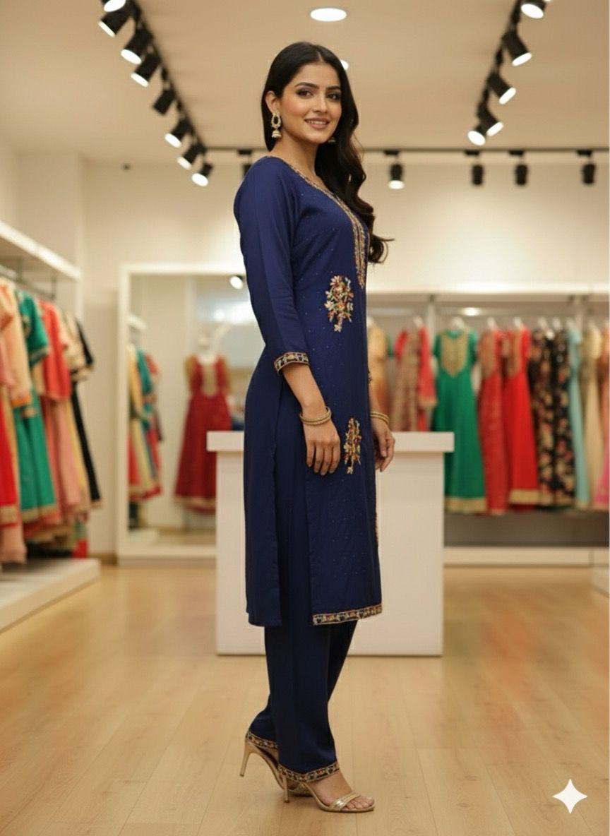 Designer Navy Blue Silk 2 Piece (Kurtis & Pant)