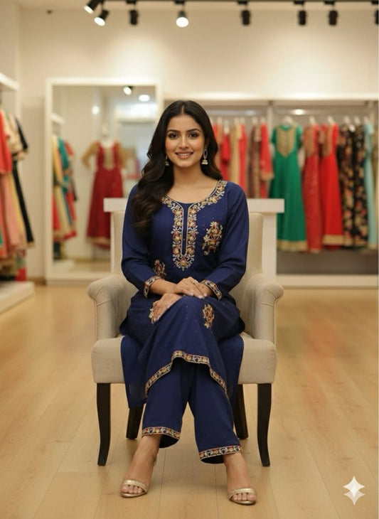 Designer Navy Blue Silk 2 Piece (Kurtis & Pant)