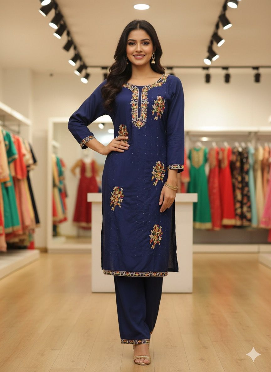 Designer Navy Blue Silk 2 Piece (Kurtis & Pant)