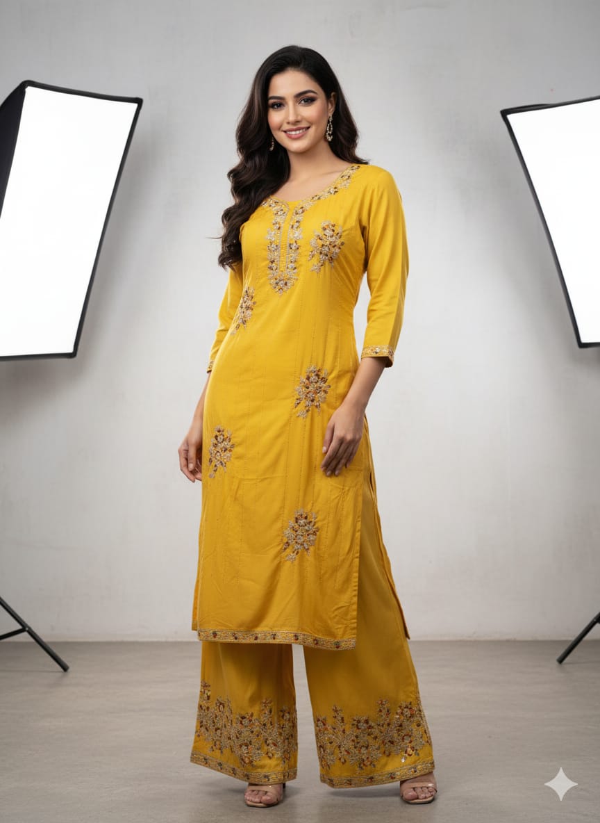 Silk Fabrics 2 Piece (Kurtis & Pant) in Yellow
