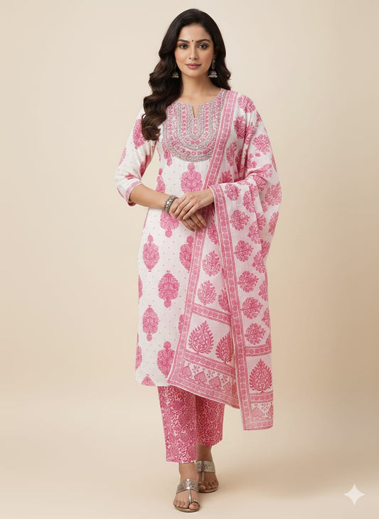 Designer Cotton 3 Piece with Kurtis, Dupatta & Pant in Pink