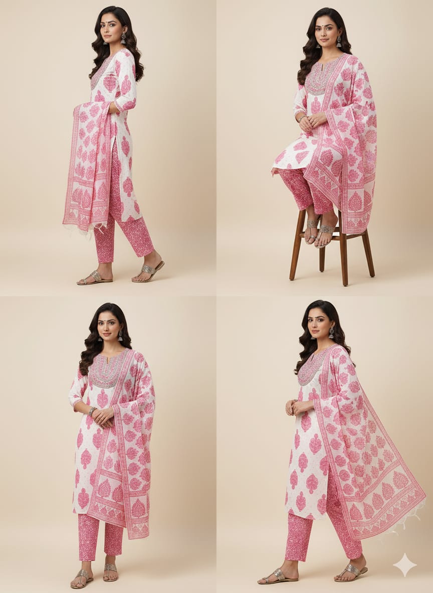 Designer Cotton 3 Piece with Kurtis, Dupatta & Pant in Pink