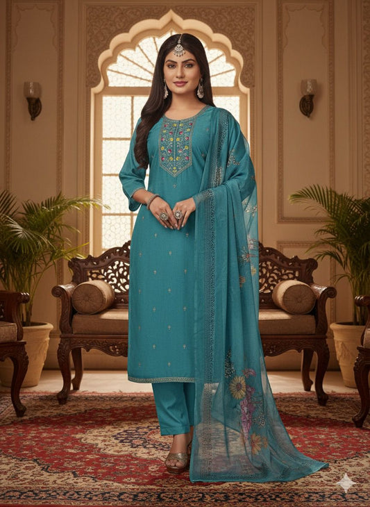 Designer Suit - Peacock color - Kurtis + Pant + Dupatta