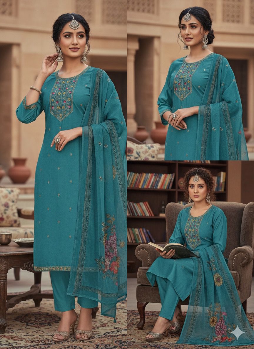 Designer Suit - Peacock color - Kurtis + Pant + Dupatta