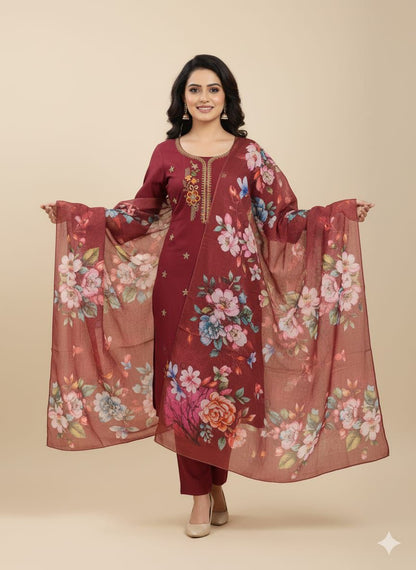 Roman Silk - Designer Maroon Suit with Kurtis + Pant + Dupatta