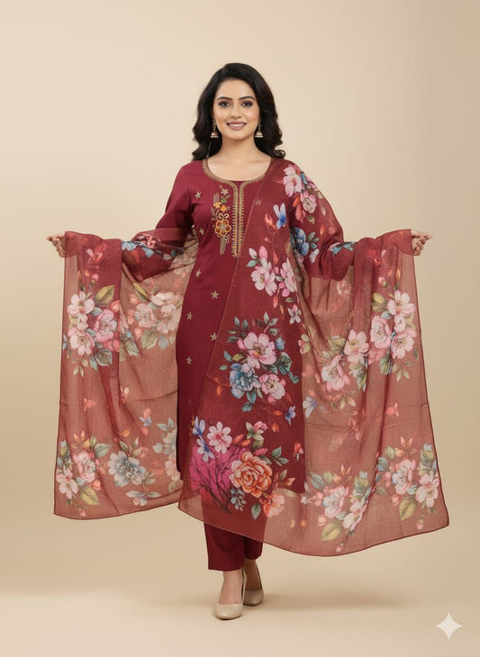 Roman Silk - Designer Maroon Suit with Kurtis + Pant + Dupatta