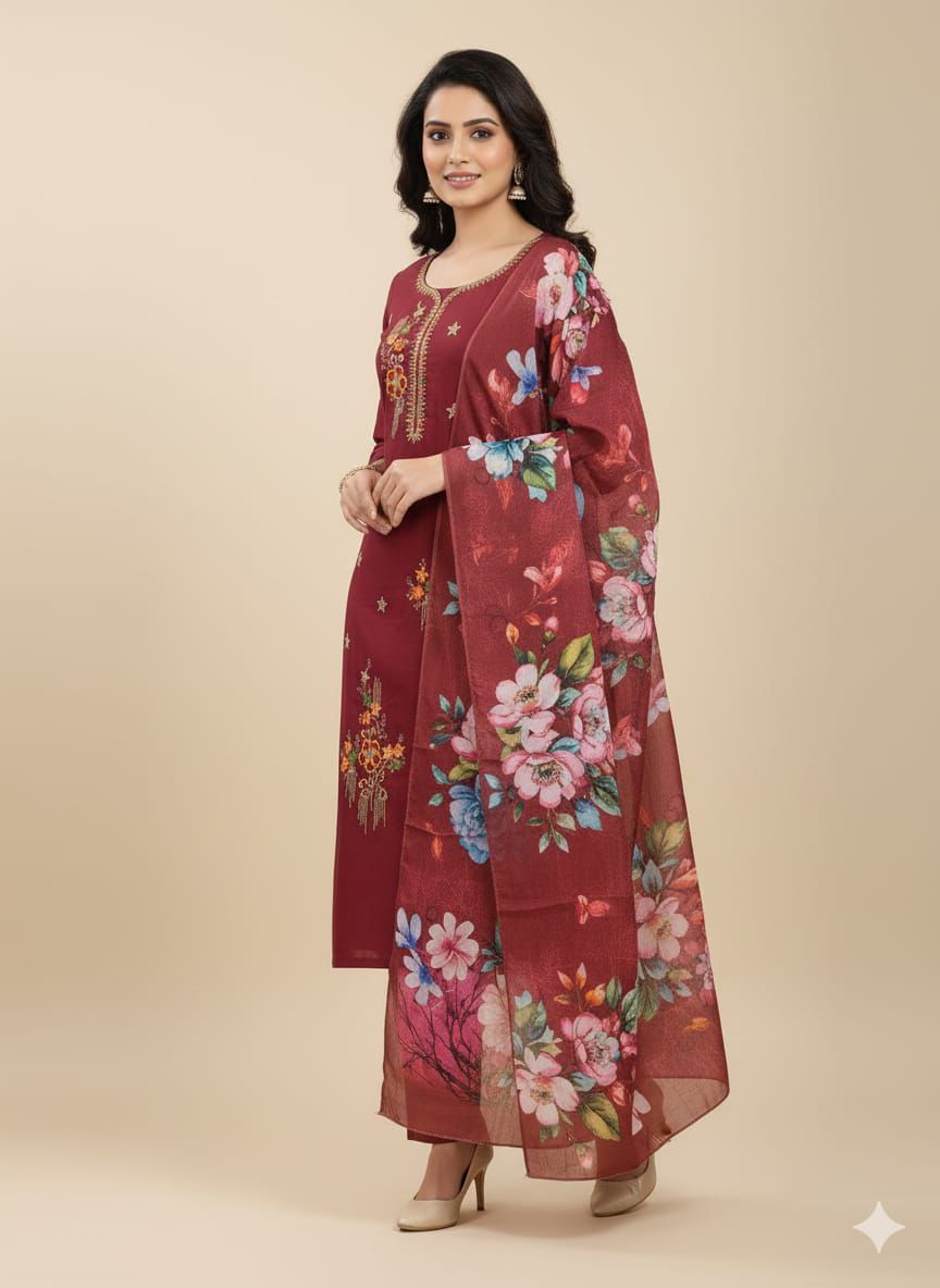 Roman Silk - Designer Maroon Suit with Kurtis + Pant + Dupatta