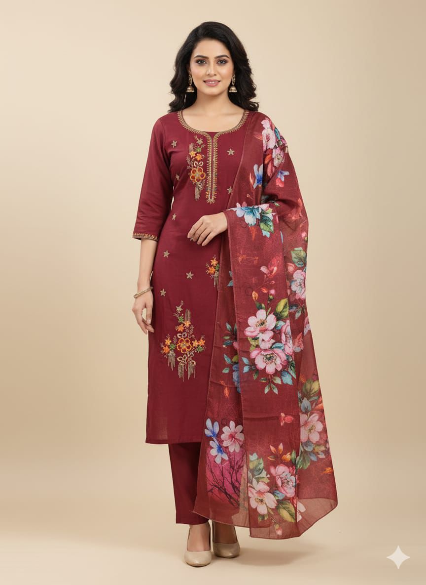 Roman Silk - Designer Maroon Suit with Kurtis + Pant + Dupatta