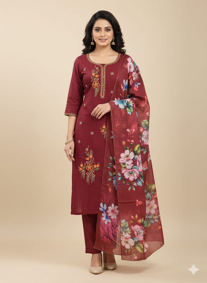Roman Silk - Designer Maroon Suit with Kurtis + Pant + Dupatta