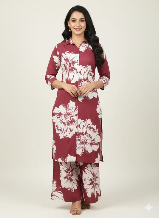 Maroon Cord Set with White Flower Design