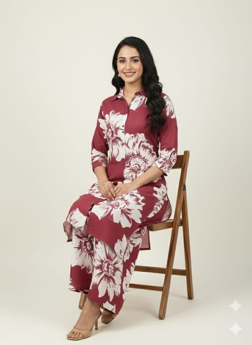 Maroon Cord Set with White Flower Design