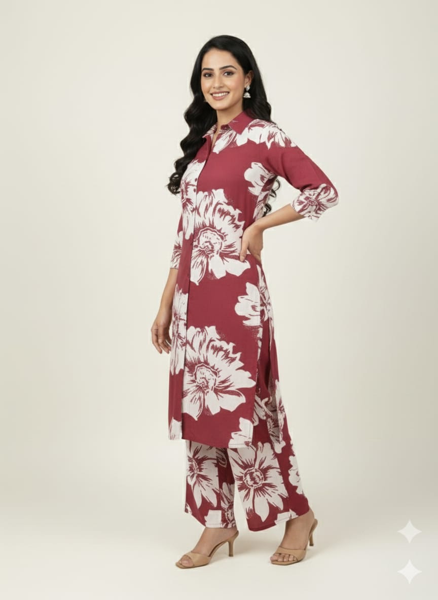 Maroon Cord Set with White Flower Design