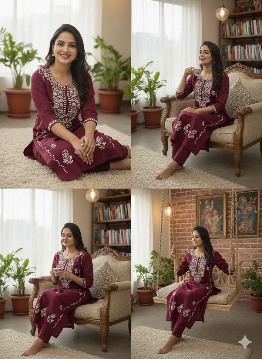 💫 AJVIE – Lucknavi Designer Embroidered Dress Set (With Pant & Dupatta)