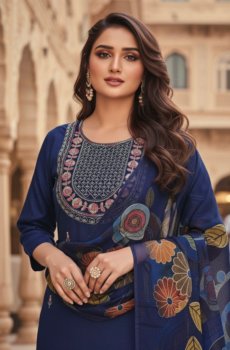 AJVIE ladies fashion designer embroidery suit with digital design dupatta