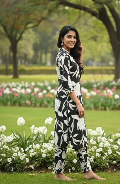 AJVIE Special Pure Cotton Cord Set in Black & White Flower Design