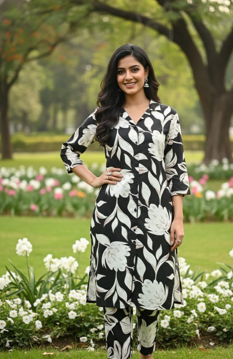 AJVIE Special Pure Cotton Cord Set in Black & White Flower Design