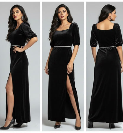AJVIE Women’s Glamorous Black Velvet Long Dress – Square Neck & Side Slit