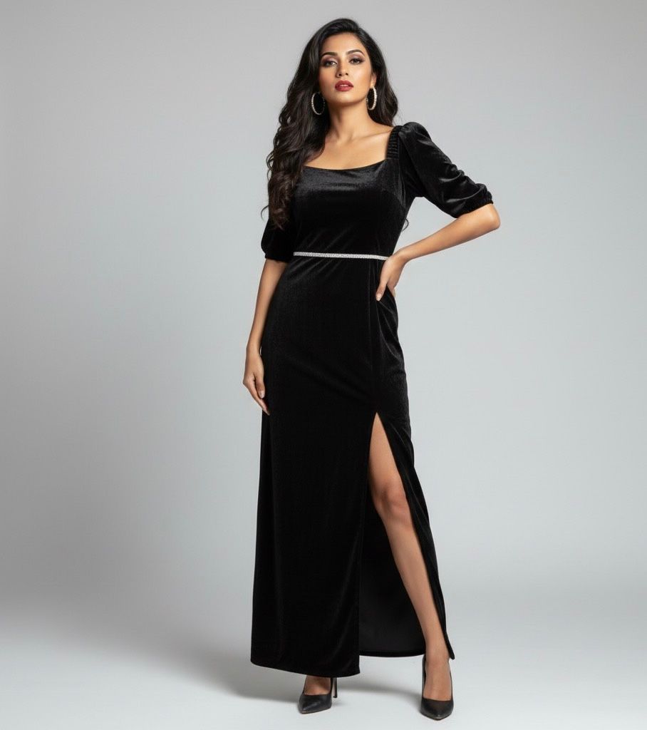AJVIE Women’s Glamorous Black Velvet Long Dress – Square Neck & Side Slit