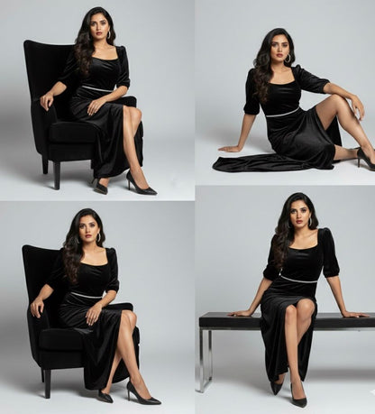 AJVIE Women’s Glamorous Black Velvet Long Dress – Square Neck & Side Slit