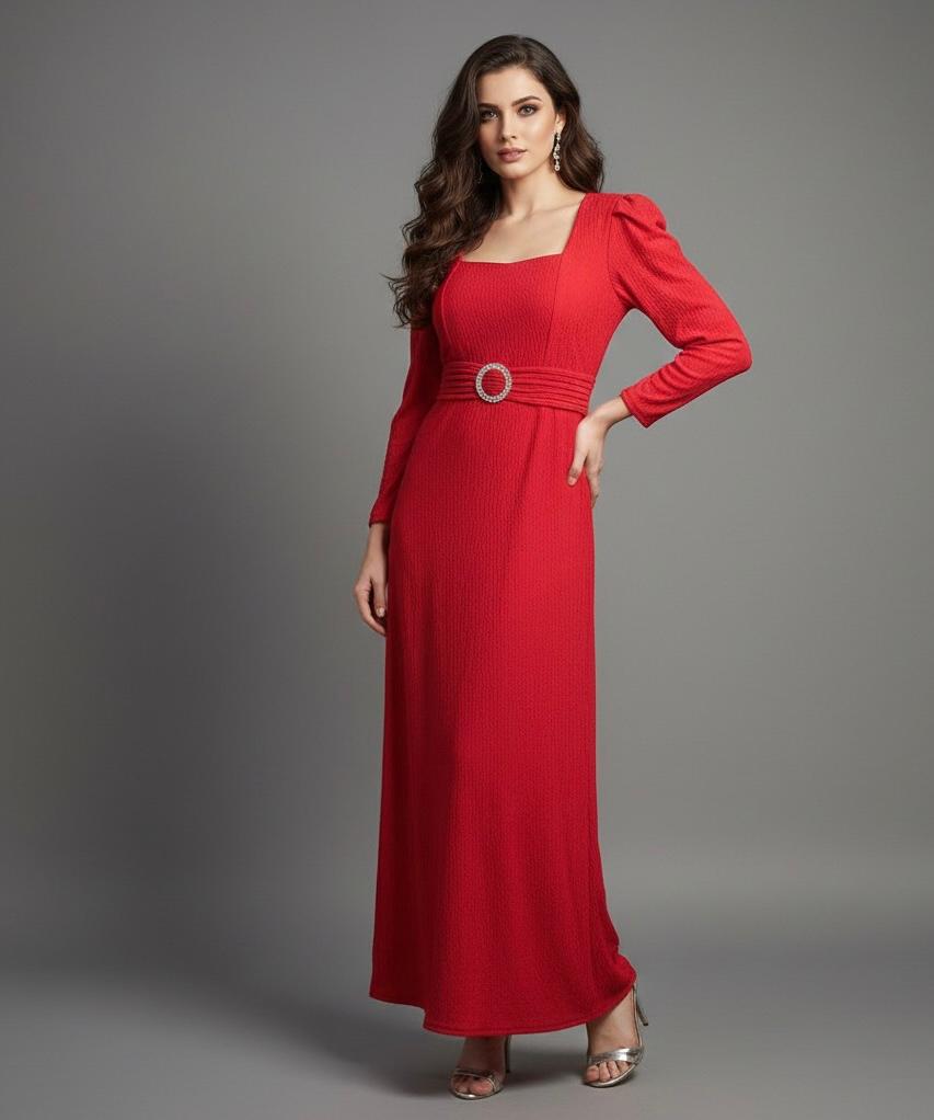 AJVIE Women’s Sophisticated Long Sleeve Party Wear One Piece – Red